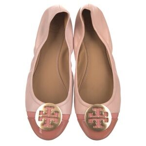 TORY BURCH Minnie Shell Pink Leather Logo Travel Ballet Flat Size 7.5